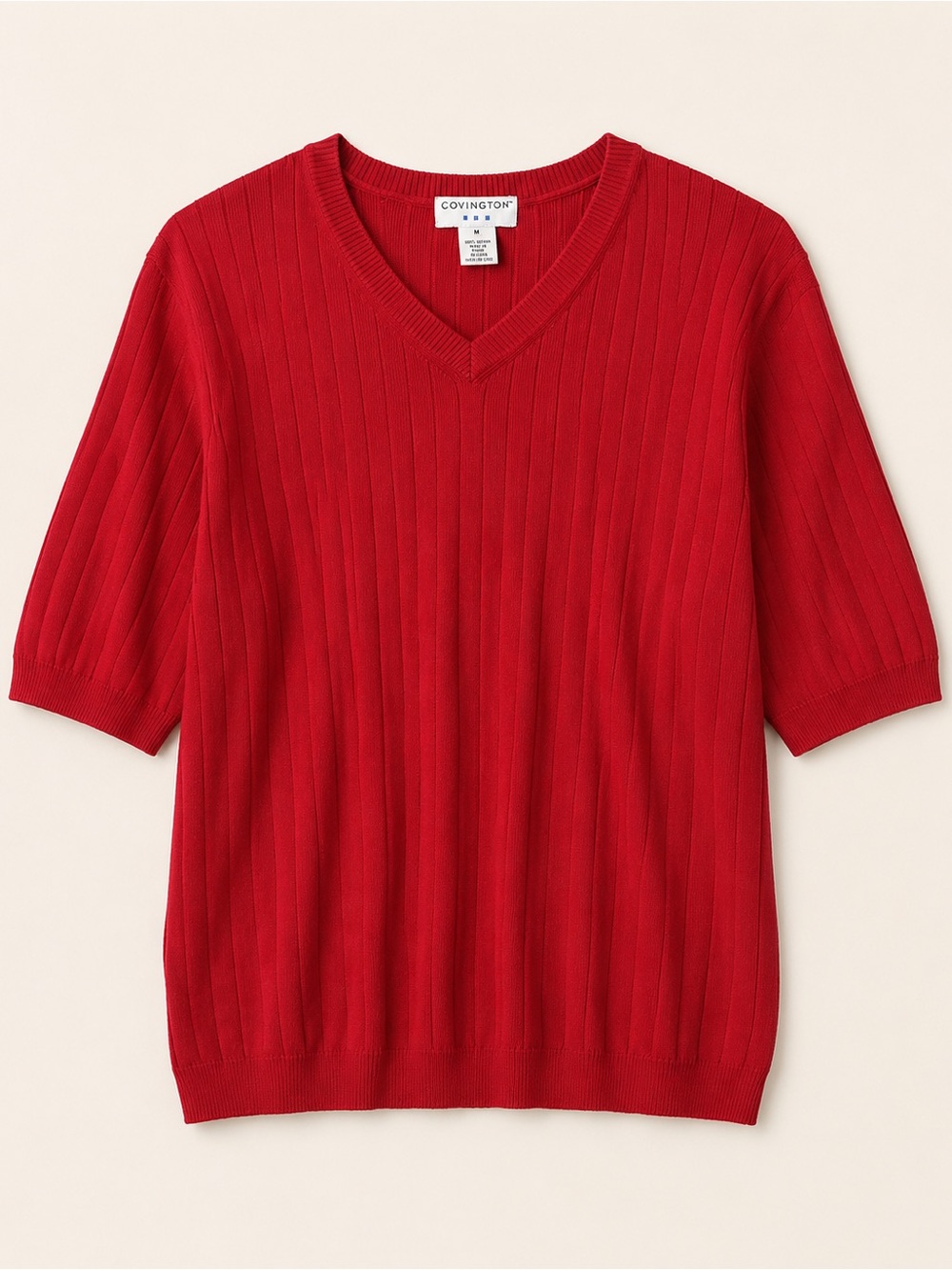 Covington Bright Red V-Neck Ribbed Short-Sleeve Sweater